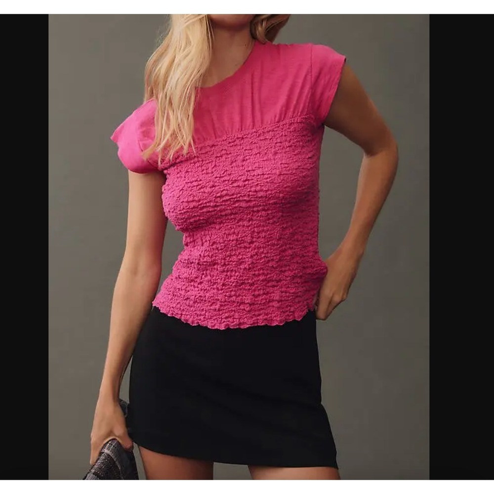 Anthropologie Maeve Sz L Smocked Muscle Top‎ Pink Cotton Stretchy Soft Coquette